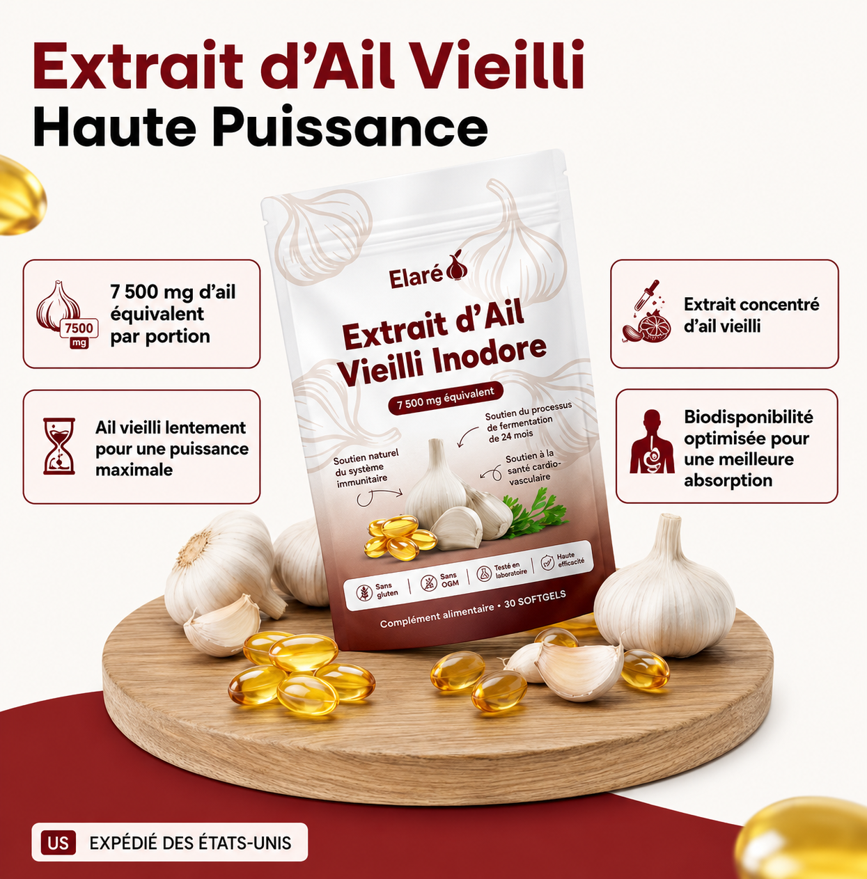 Extrait d’ail vieilli – Capsules molles inodores de 7500 mg